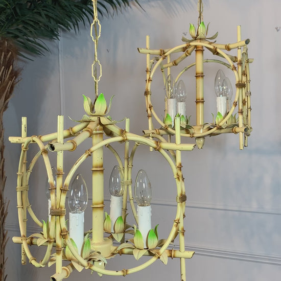 Pair of Faux Bamboo Pagoda Chandeliers Italy 1950's