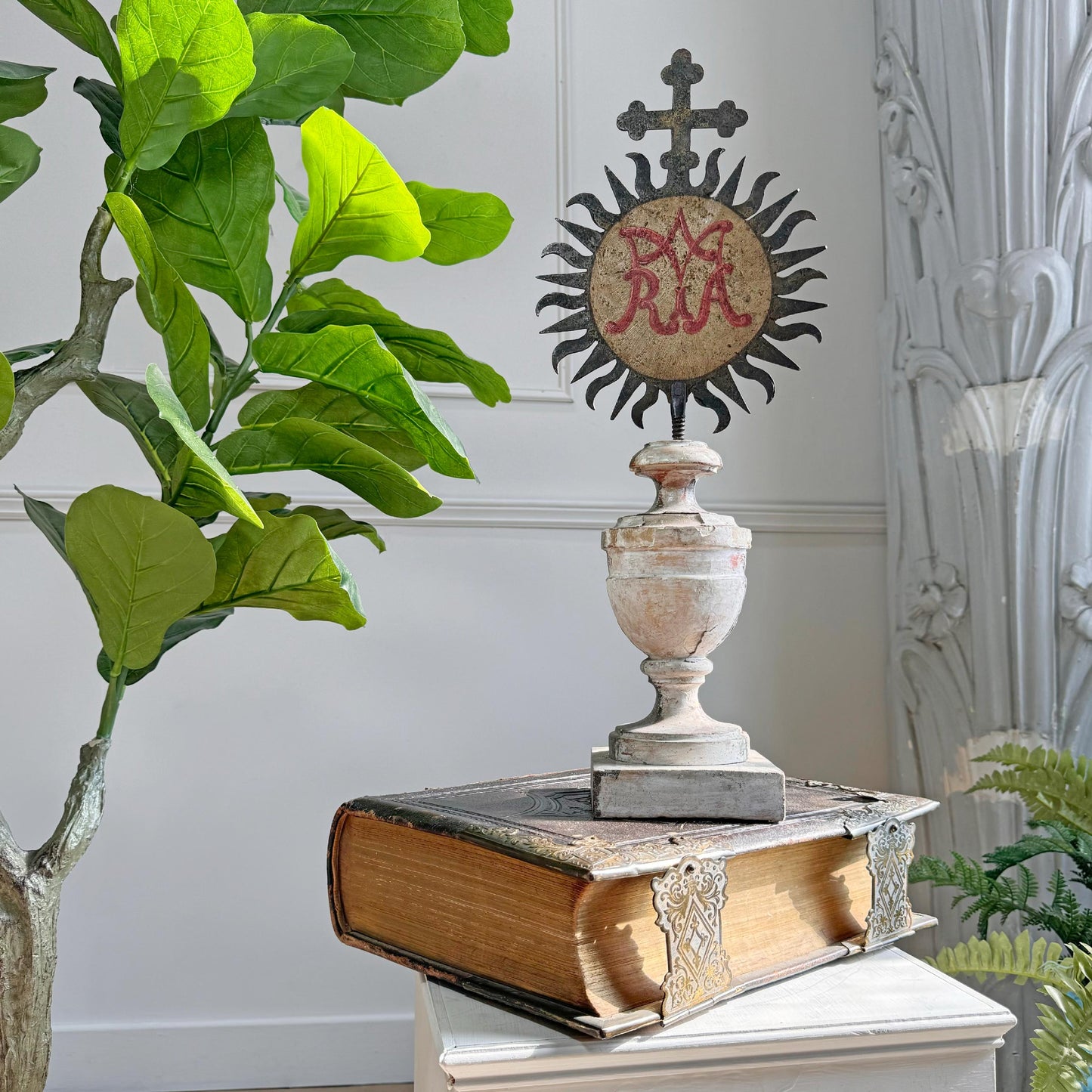 Painted Sunburst Mounted on a Baroque Silver Gilt Altar Vase 18th Century