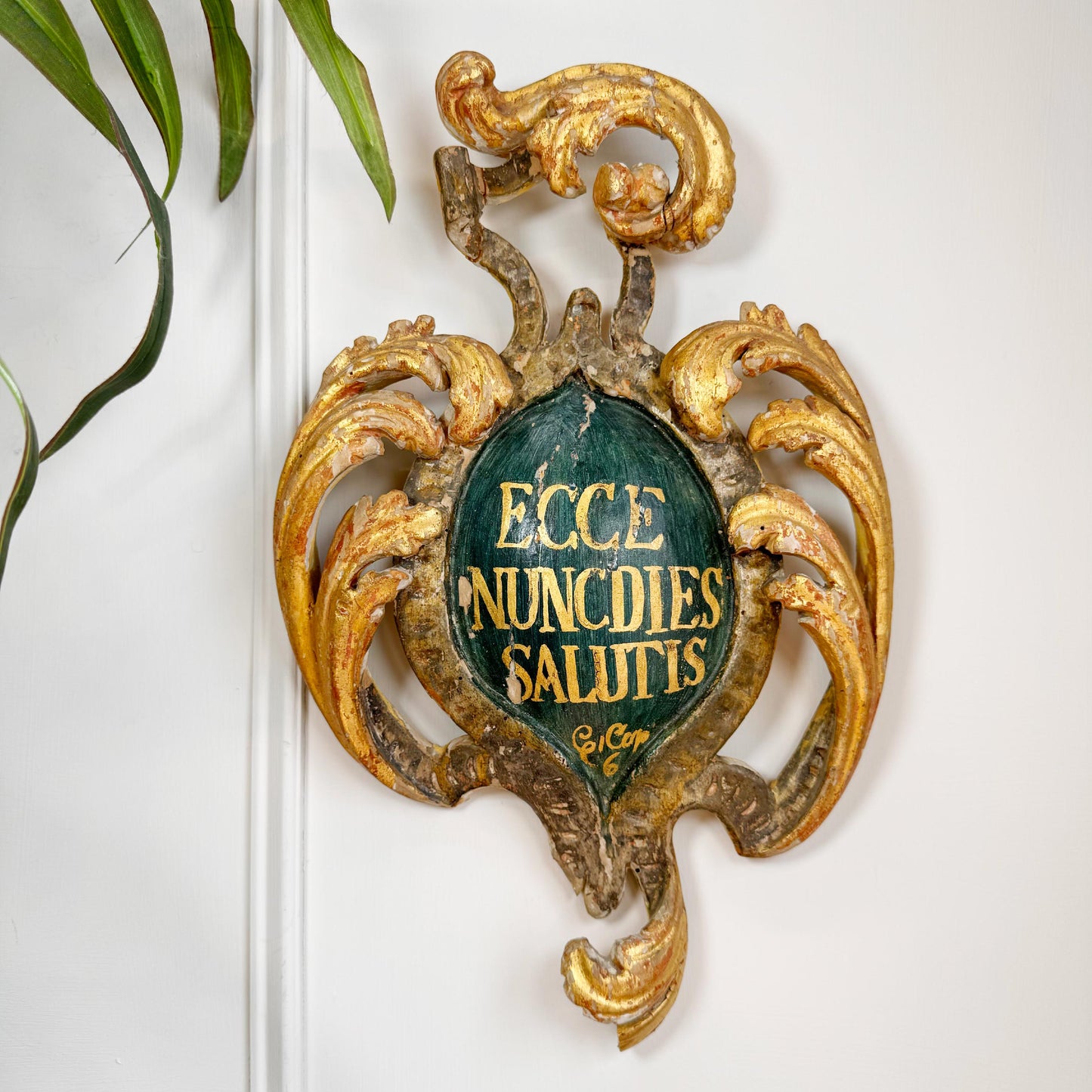 An ornate antique baroque carved wooden wall plaque featuring a central green shield with gold lettering that reads 'ECCE NUNCIES SALUTIS' and surrounding gilded scrollwork, mounted on a white wall with a green plant leaf visible at the top left.