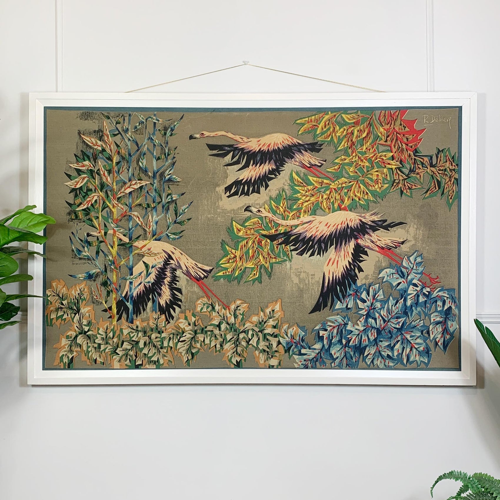 1950's Robert Debiève Cubist Screen Print 'Flight of Flamingos'