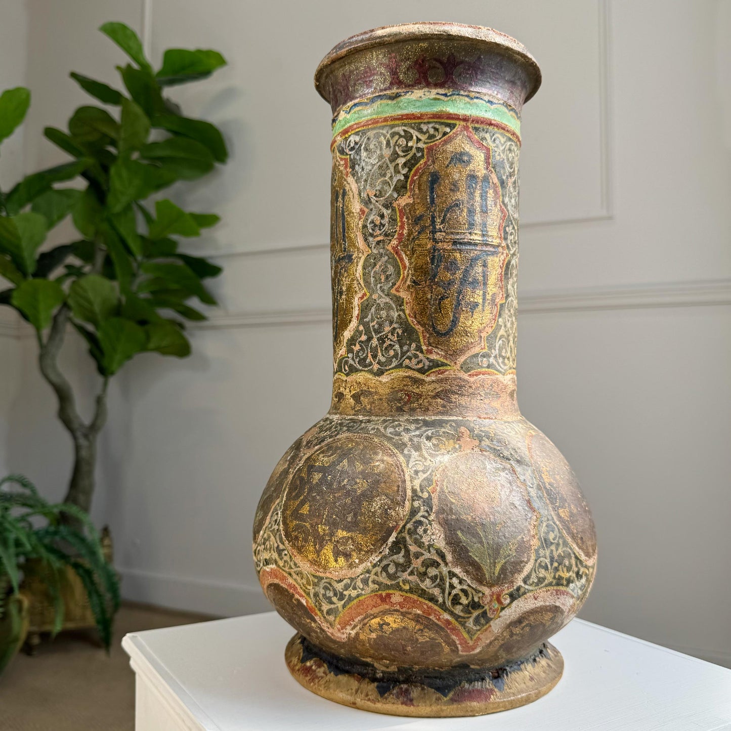 Algerian Darbuka Drum Polychrome and Gold Decorated Terracotta 19th Century