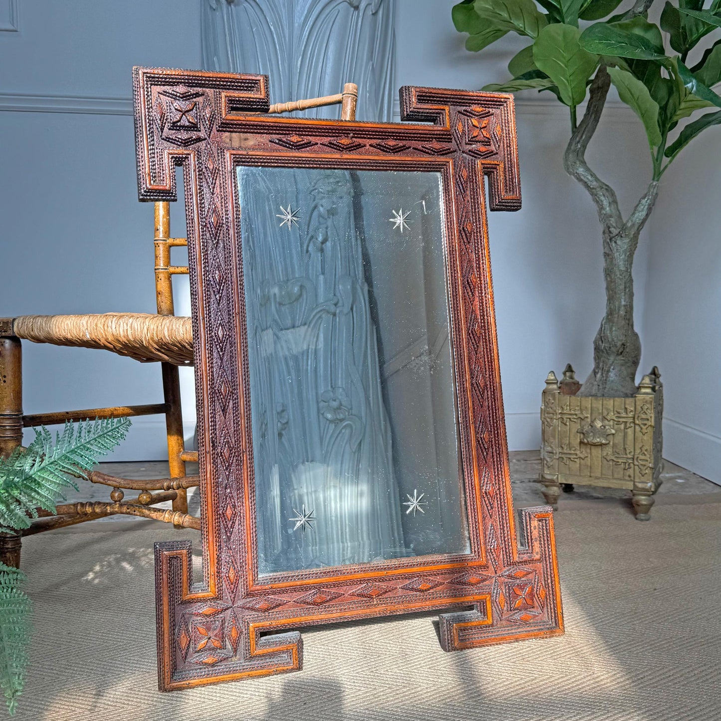 19th Century Tramp Art Mirror with Etched Cut Stars