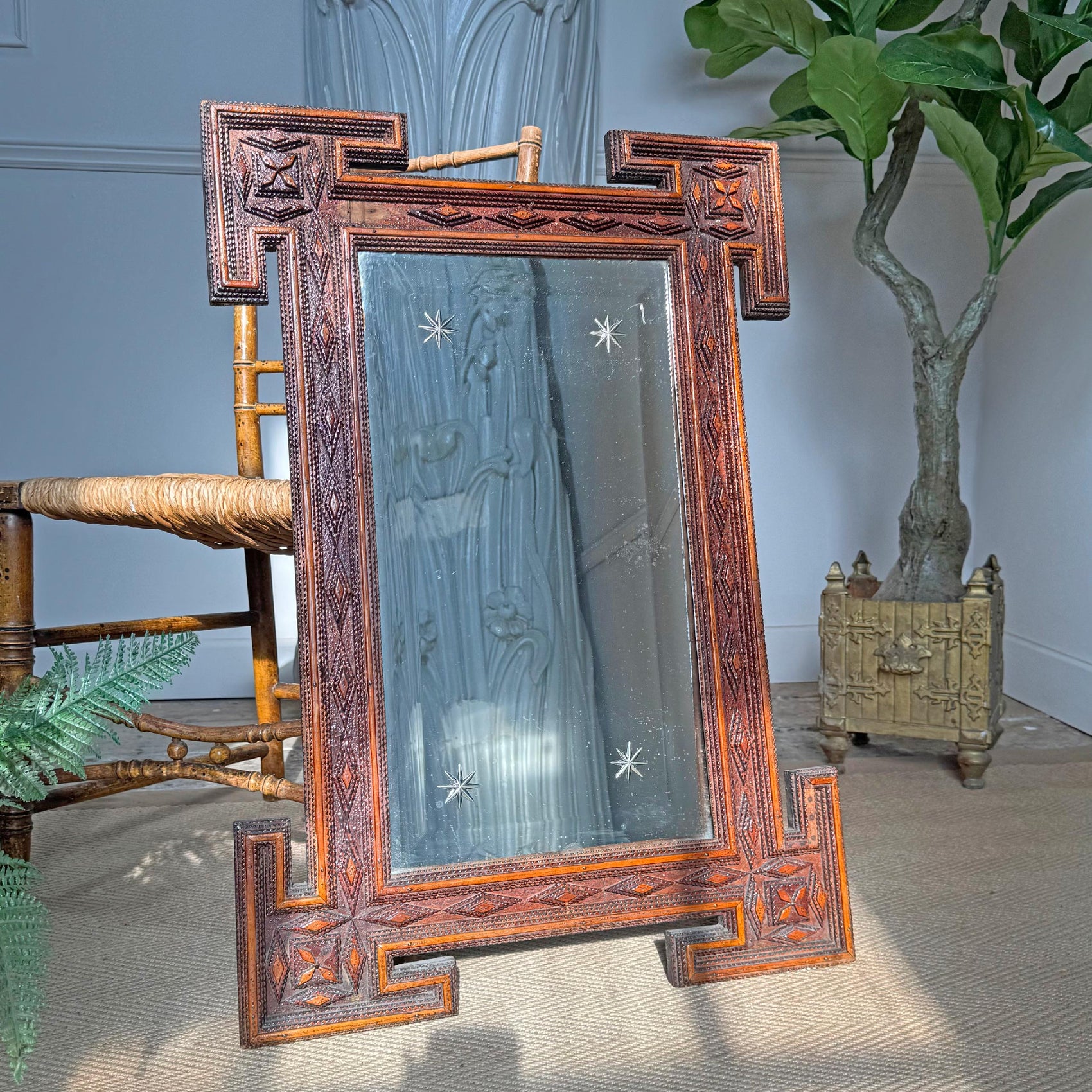 19th Century Tramp Art Mirror with Etched Cut Stars