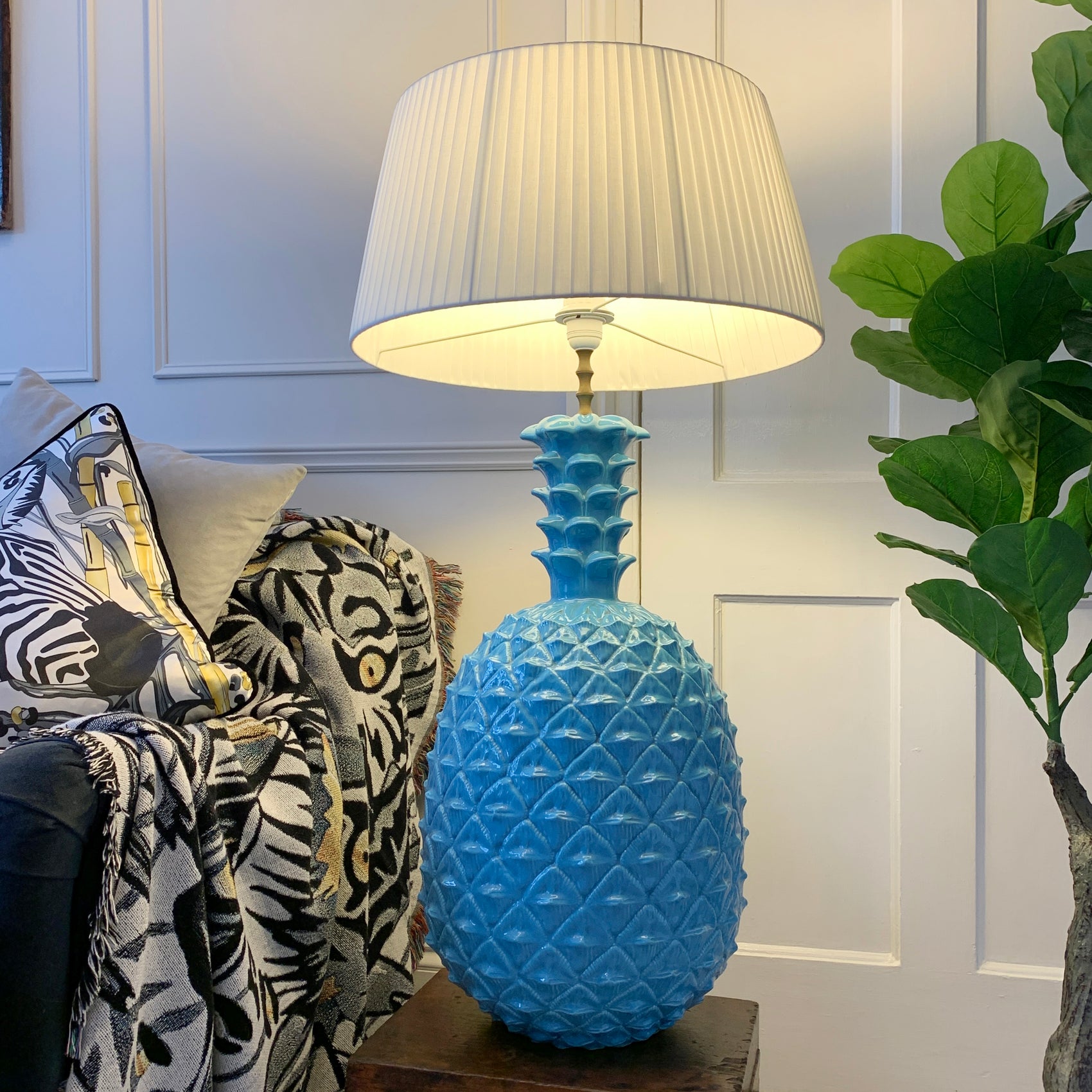Exceptional Italian Blue Ceramic Pineapple Lamp of Huge Proportions 1960's