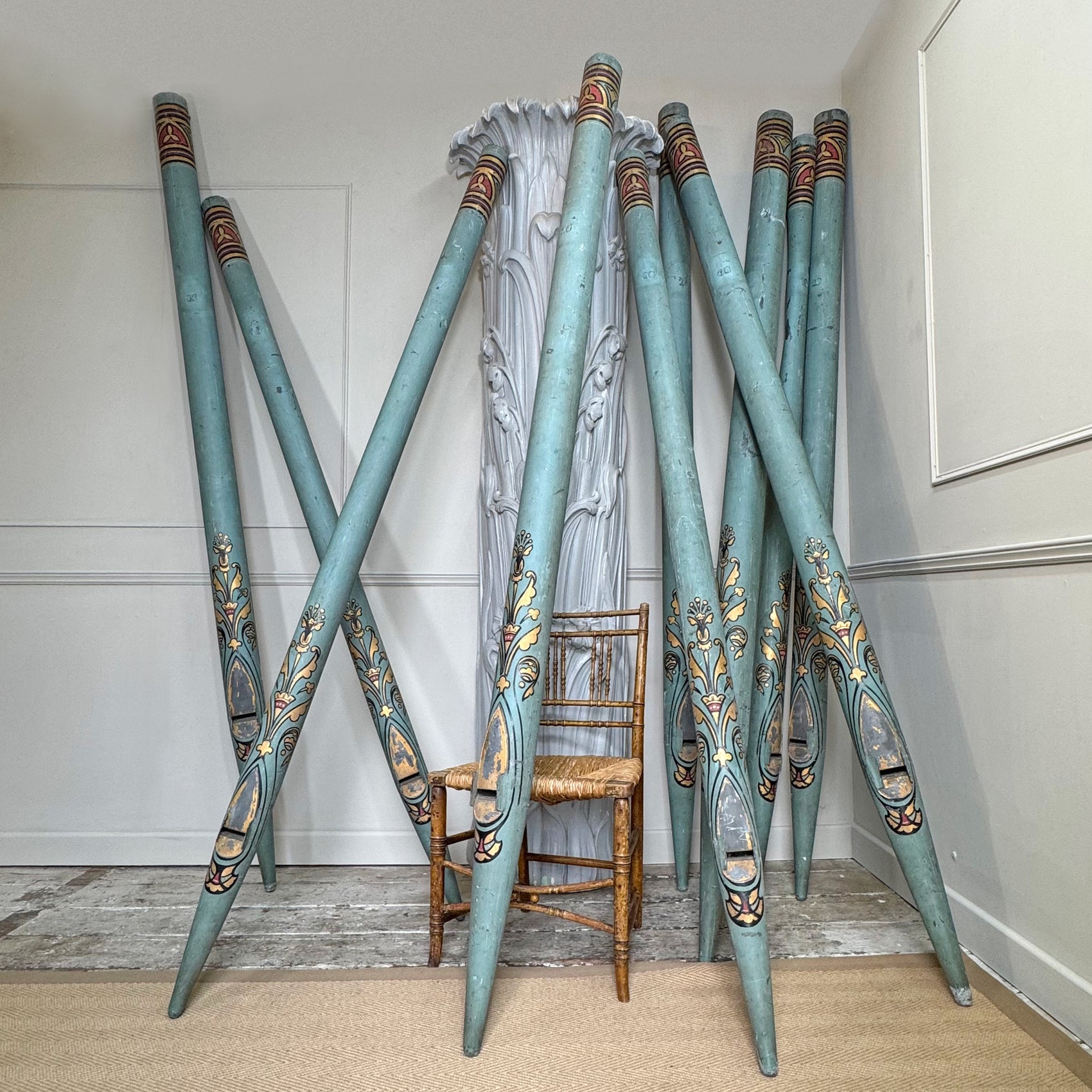 Rare Set Of Ten 19th Century Painted Organ Facade Pipes