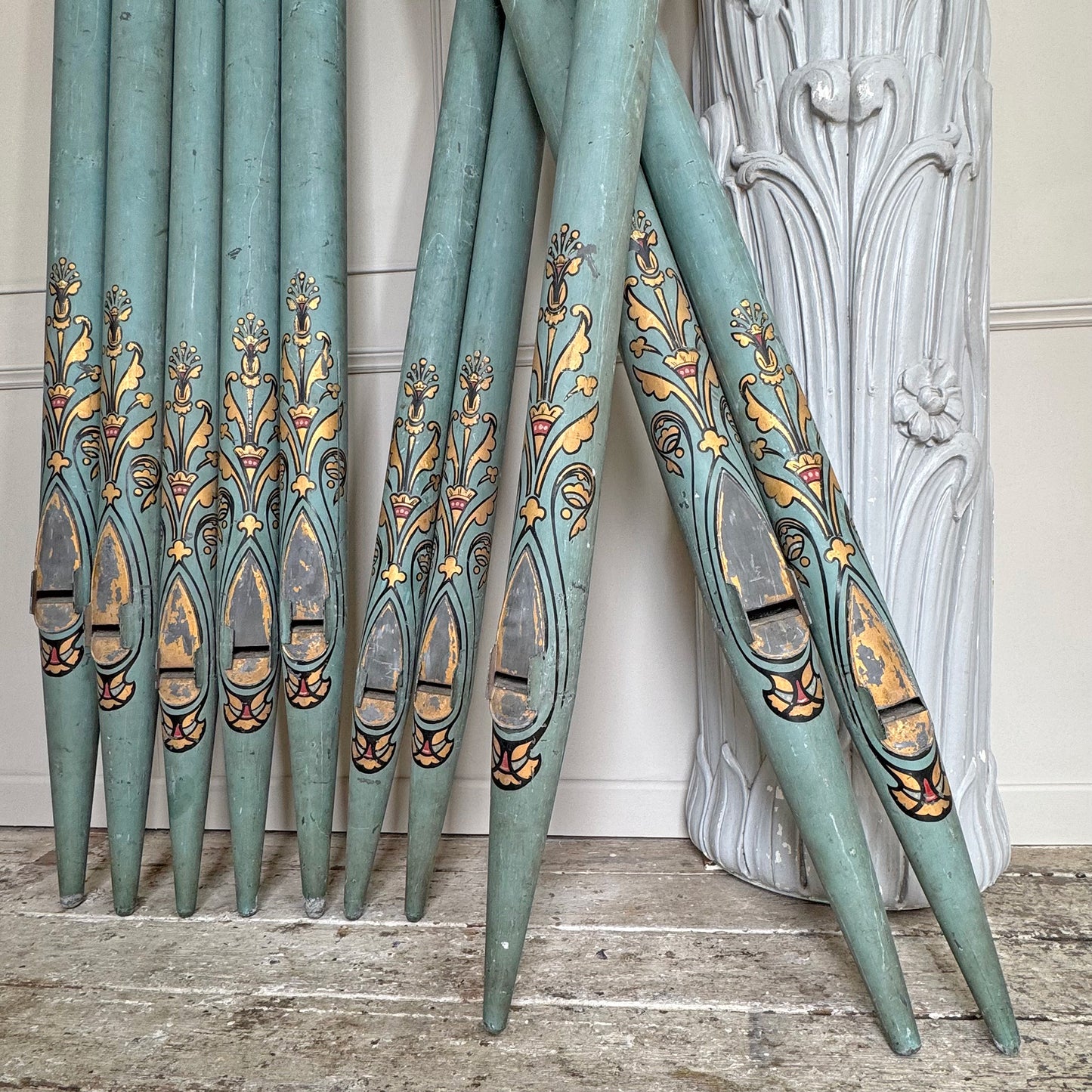 Rare Set Of Ten 19th Century Painted Organ Facade Pipes