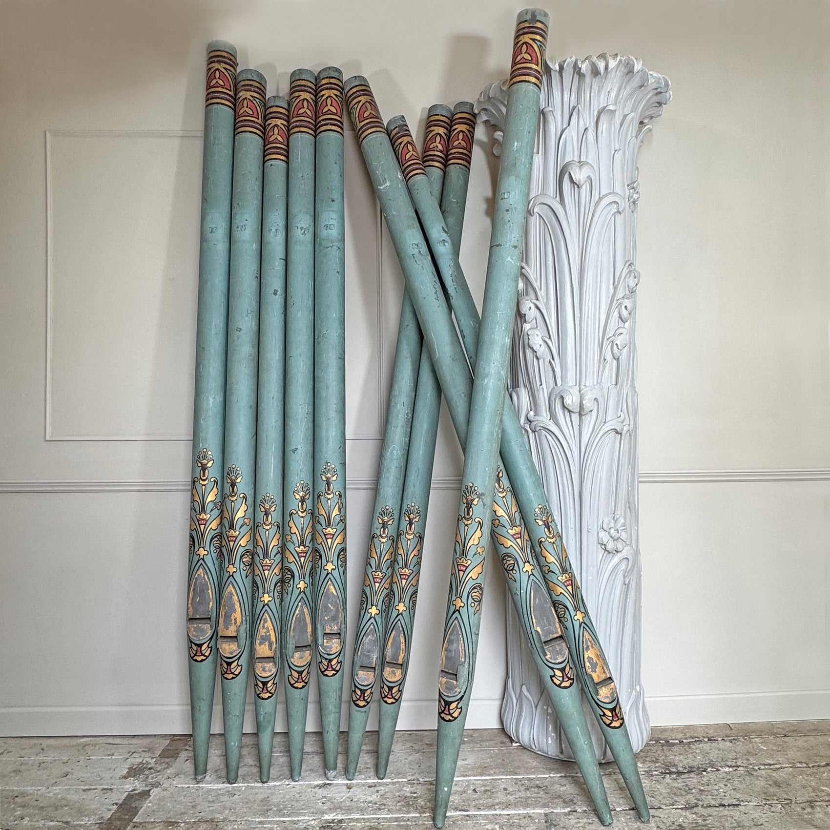 Rare Set Of Ten 19th Century Painted Organ Facade Pipes
