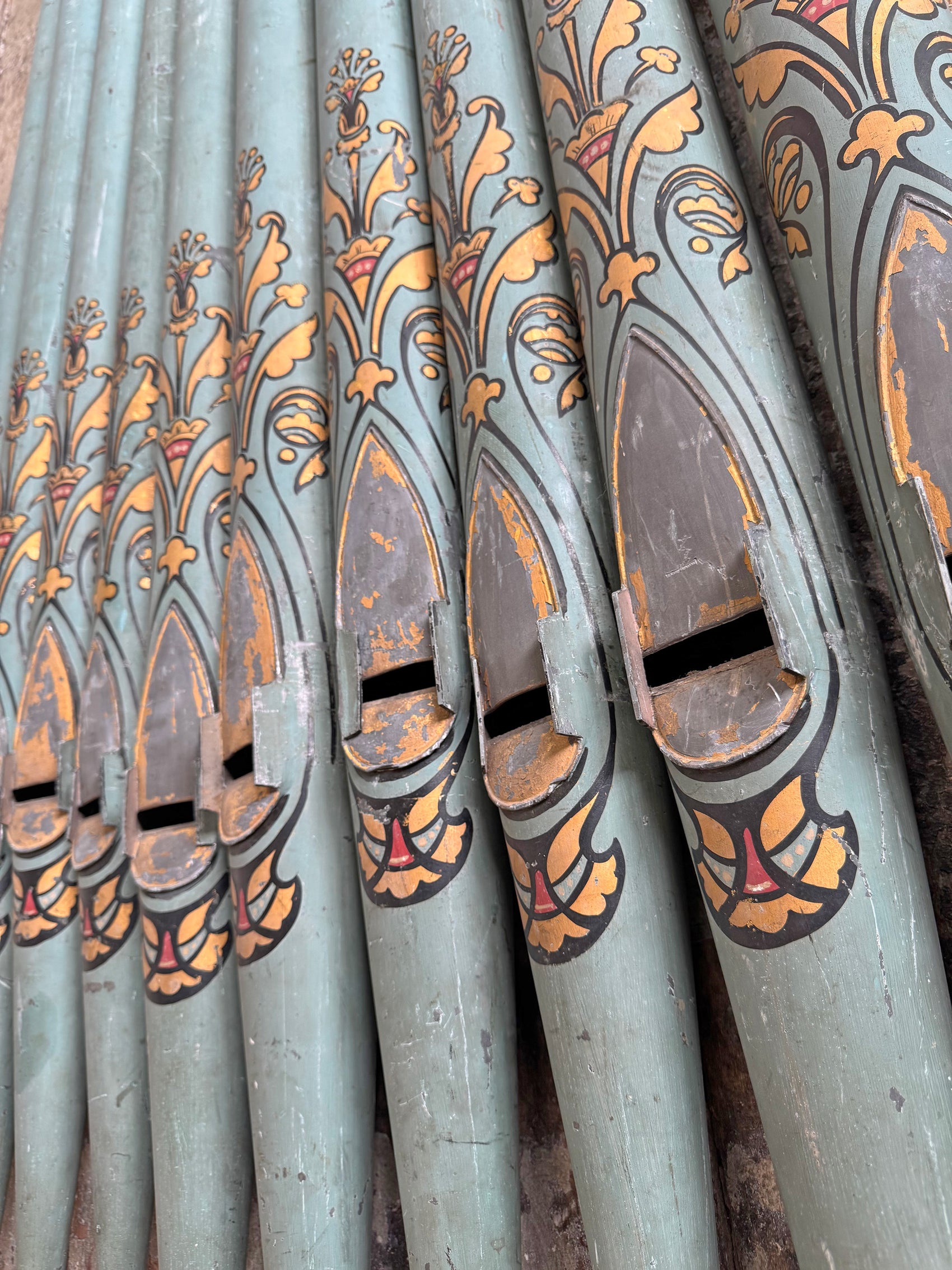 Rare Set Of Ten 19th Century Painted Organ Facade Pipes