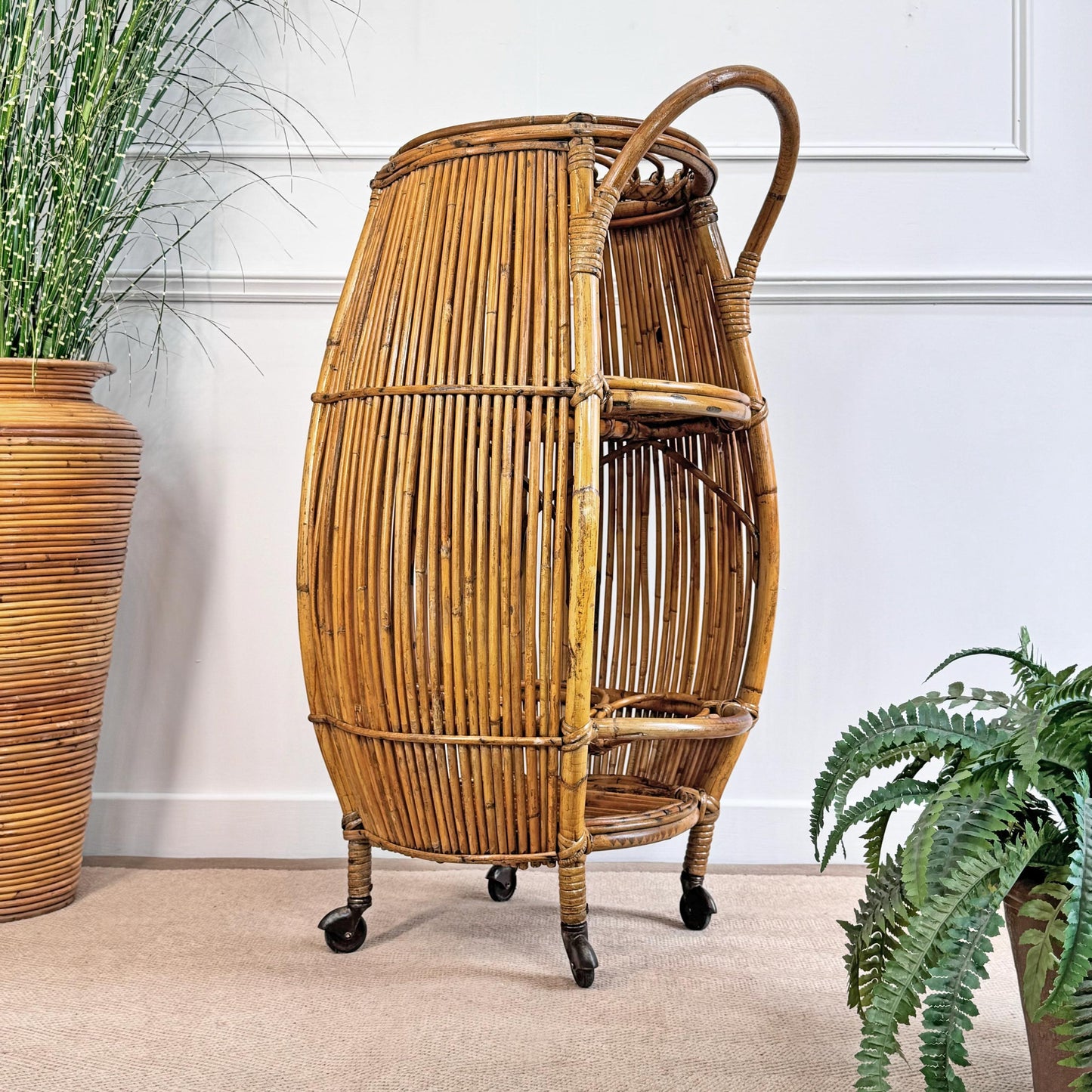 Mid-Century Italian Bamboo Barrel Bar Cart by Bonacina