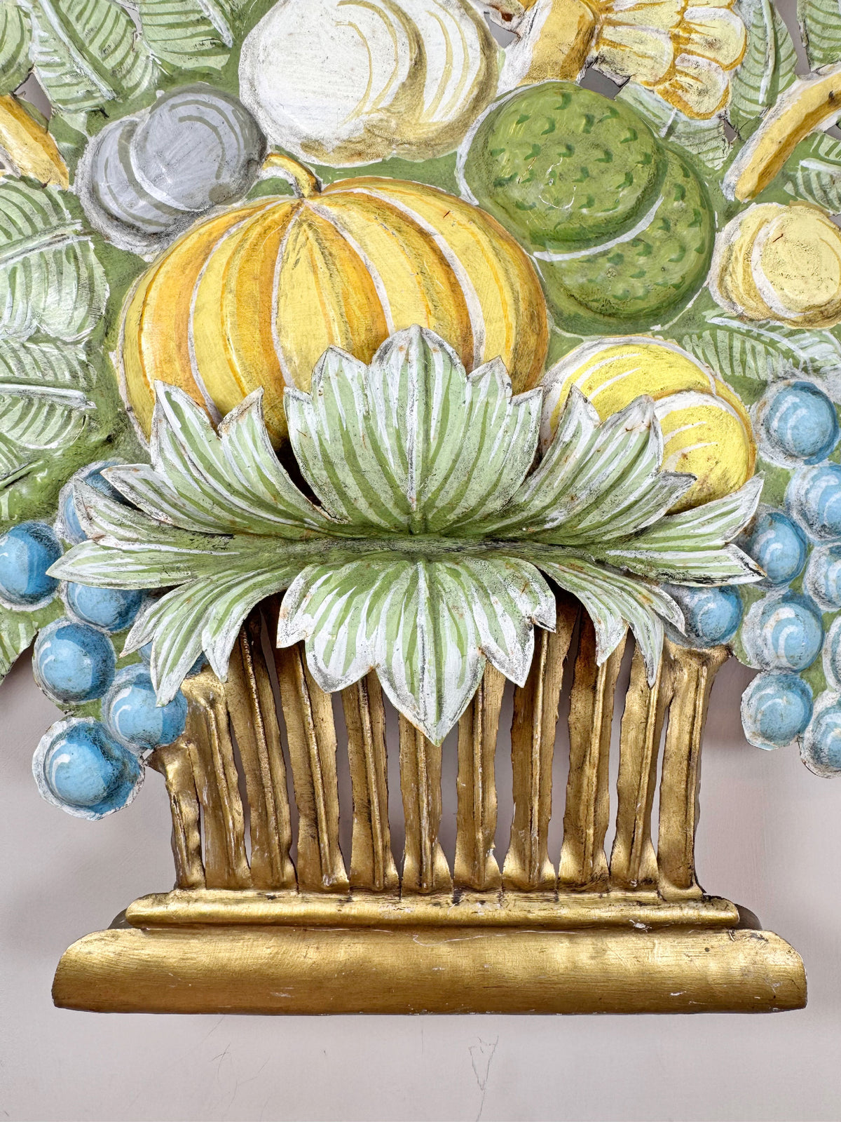 1950's French Toleware Polychrome Painted Basket of Fruit and Flowers Wall Light
