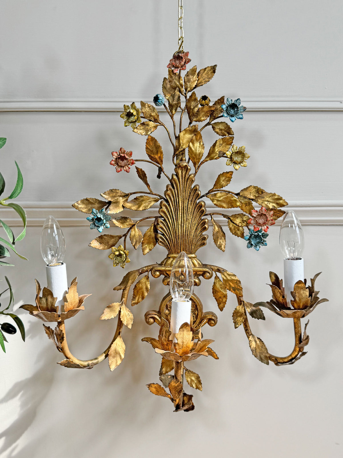 1950's Gilt Metal Italian Wall Light with Painted Flowers