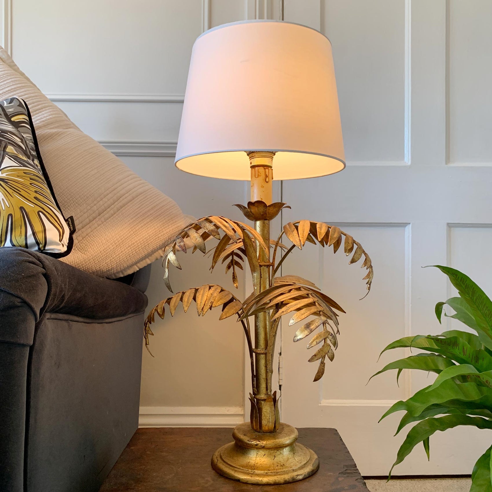 Italian Gold Faux Bamboo Leaf Table Lamp 1950's