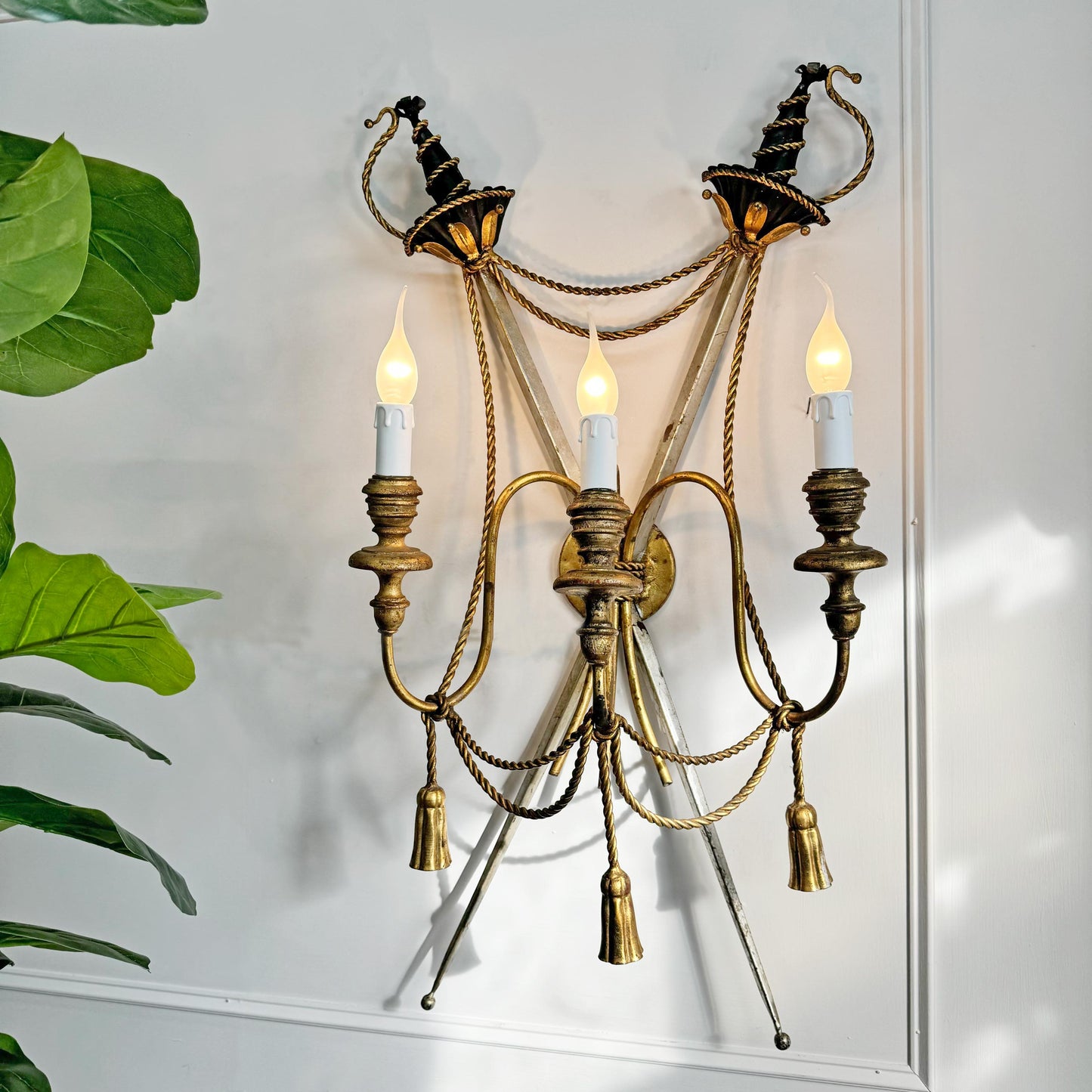 An Outstanding 1950's Italian Cross Sword and Gilt Rope Tassel Wall Light