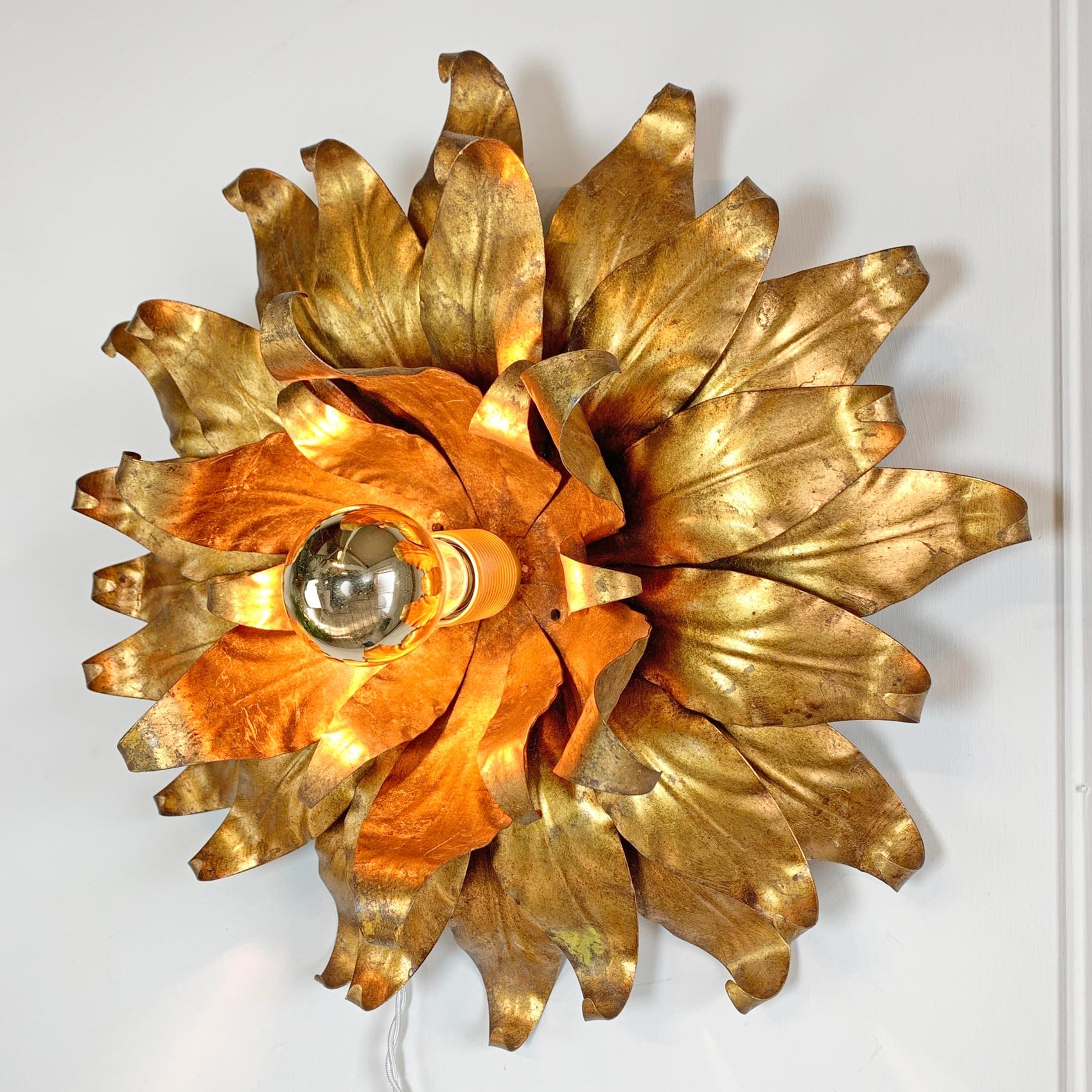1960s Large Toleware Italian Gold Flower Light