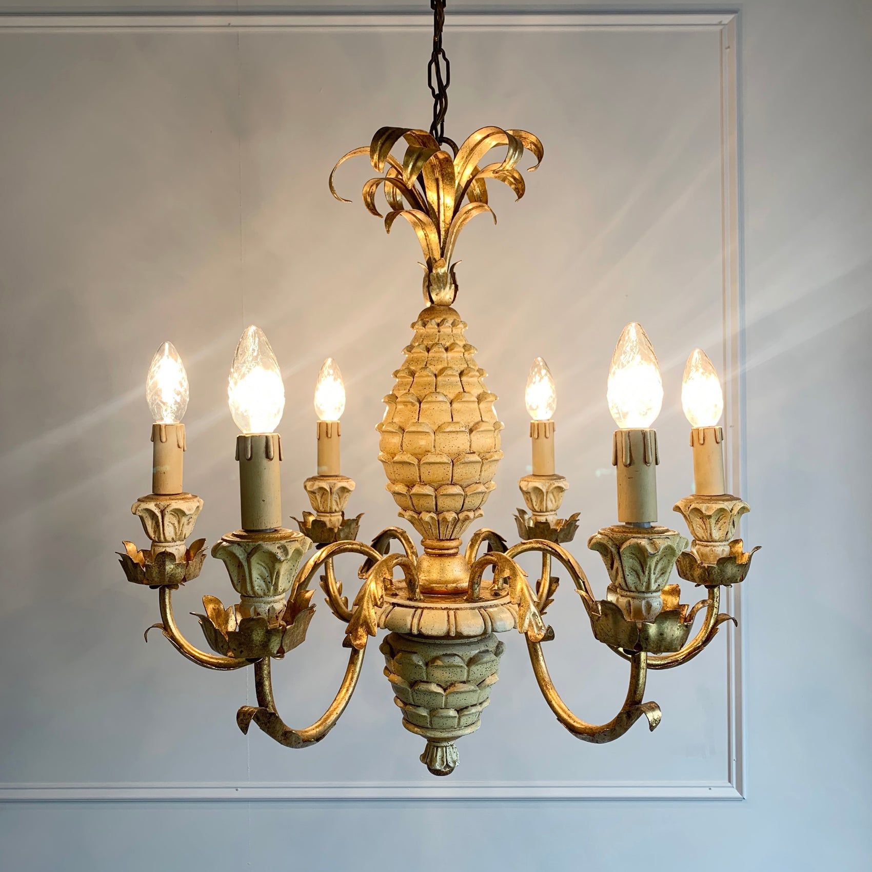 Italian Carved Wood Pineapple Chandelier 1970's