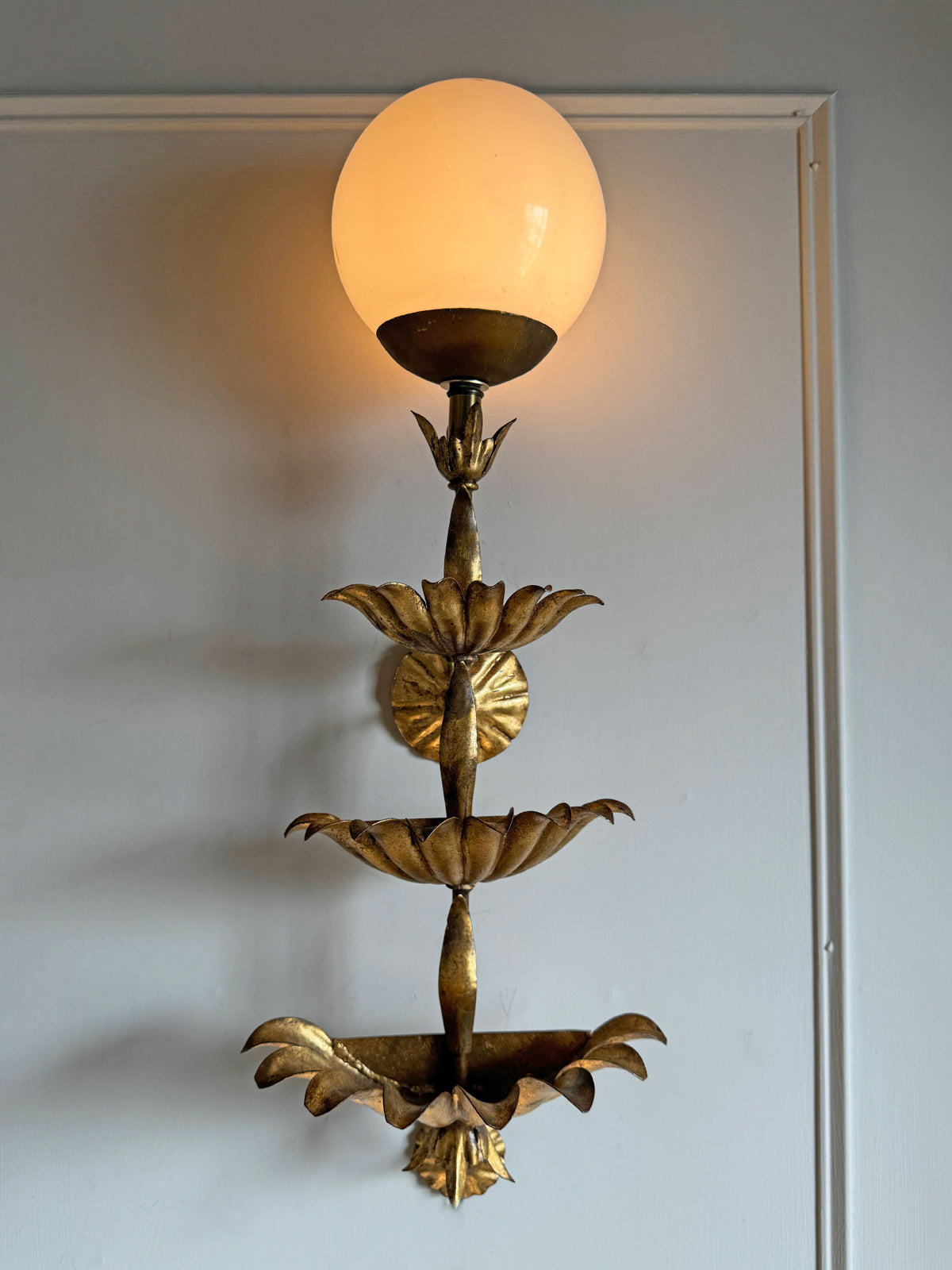 Italian Gilt Metal Tiered Scallop Wall Light with Milk Glass Globe 1950's