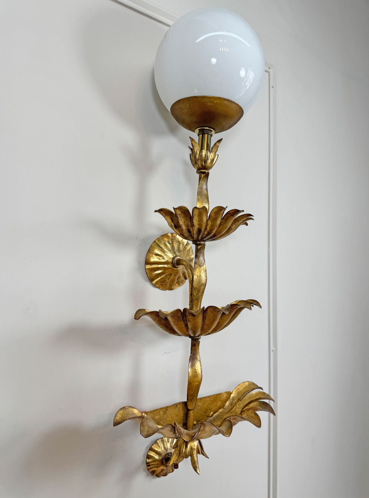 Italian Gilt Metal Tiered Scallop Wall Light with Milk Glass Globe 1950's
