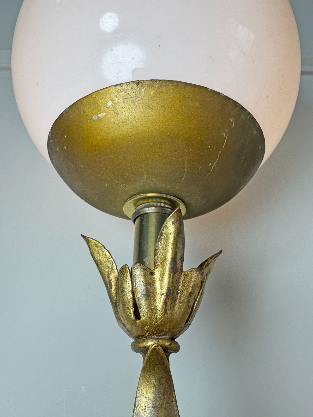 Italian Gilt Metal Tiered Scallop Wall Light with Milk Glass Globe 1950's