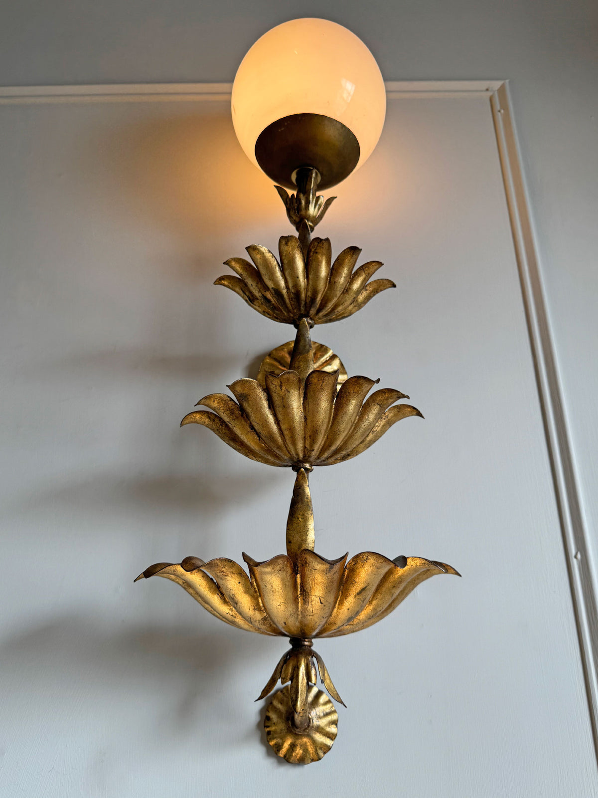 Italian Gilt Metal Tiered Scallop Wall Light with Milk Glass Globe 1950's