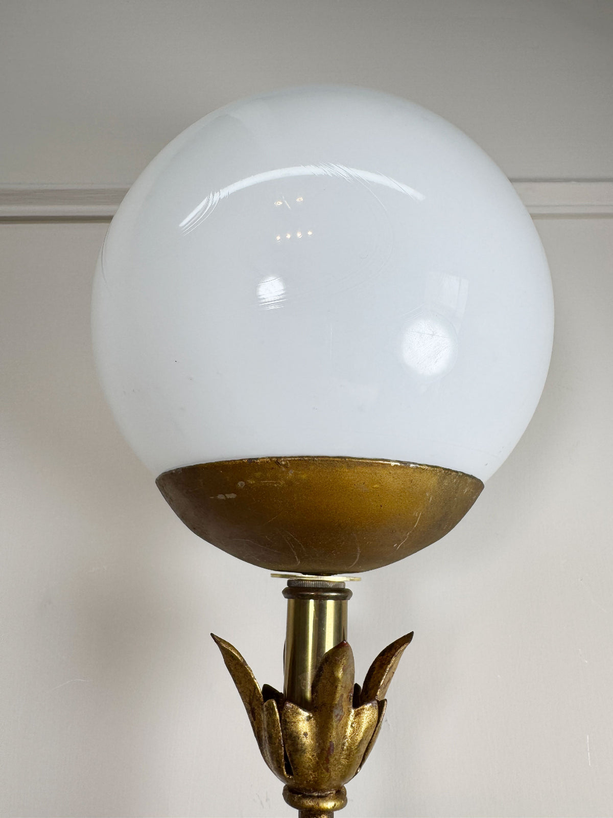 Italian Gilt Metal Tiered Scallop Wall Light with Milk Glass Globe 1950's