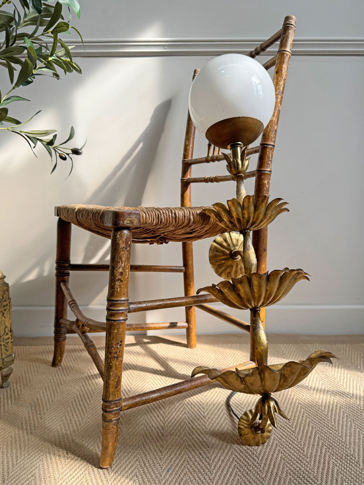 Italian Gilt Metal Tiered Scallop Wall Light with Milk Glass Globe 1950's