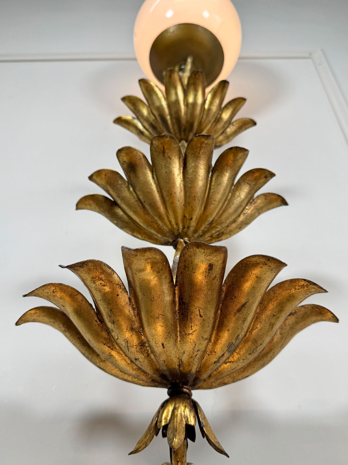 Italian Gilt Metal Tiered Scallop Wall Light with Milk Glass Globe 1950's