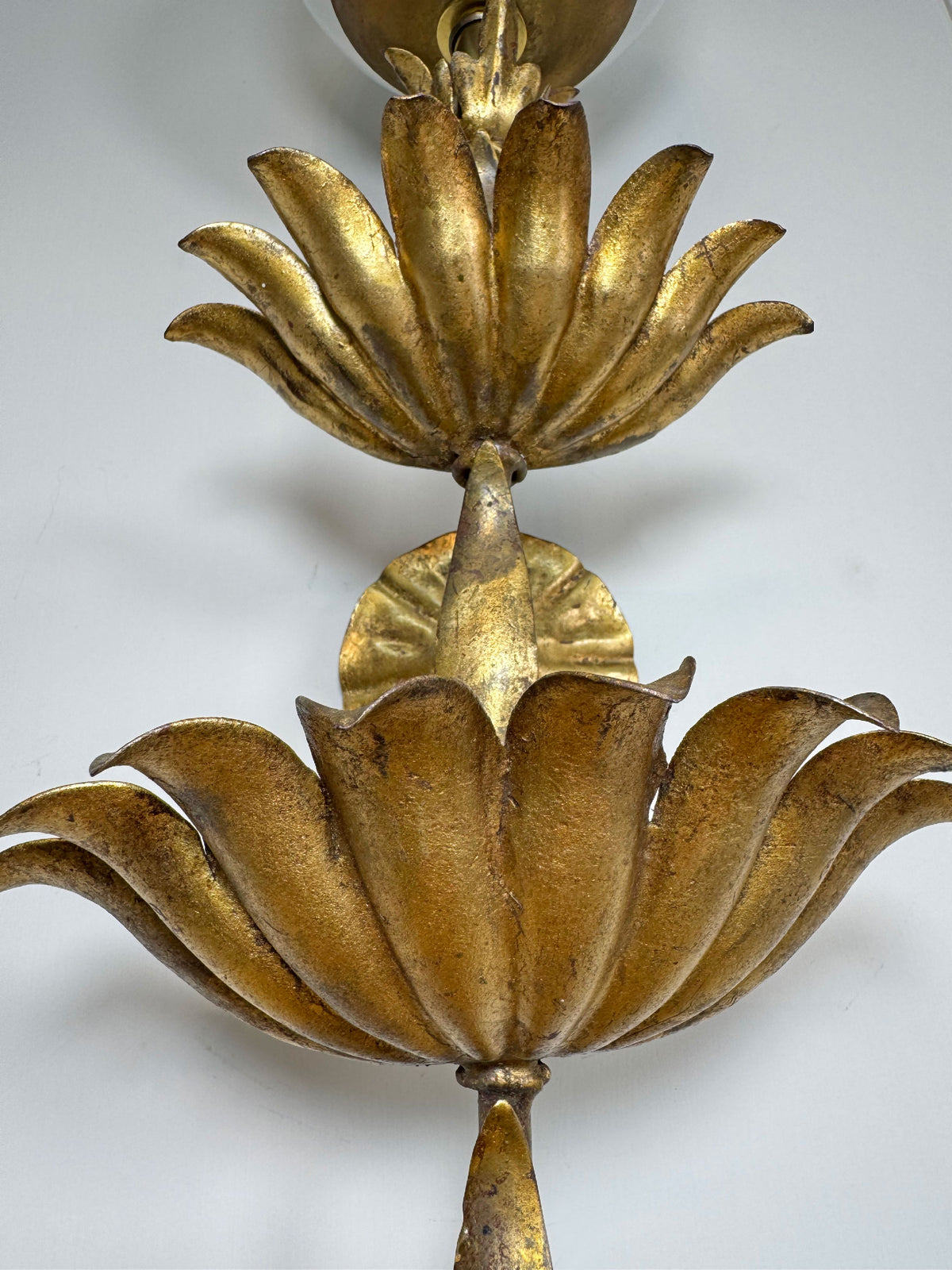 Italian Gilt Metal Tiered Scallop Wall Light with Milk Glass Globe 1950's