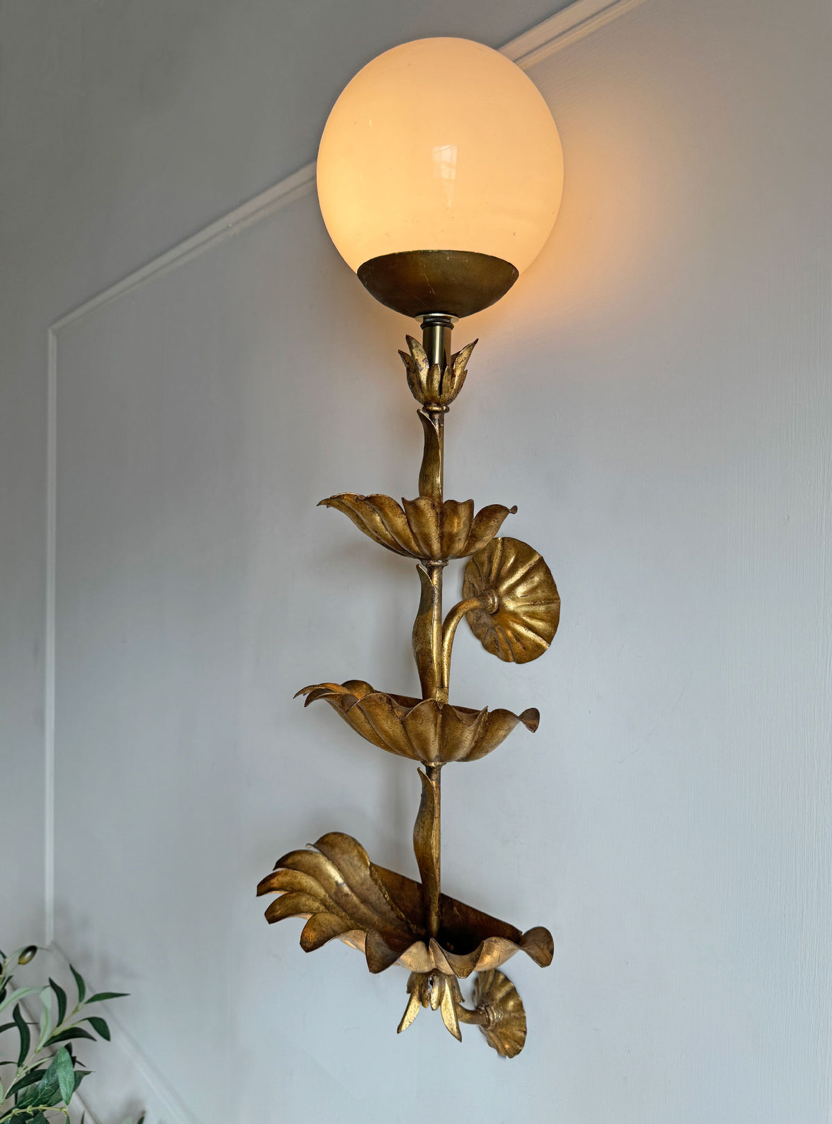 Italian Gilt Metal Tiered Scallop Wall Light with Milk Glass Globe 1950's