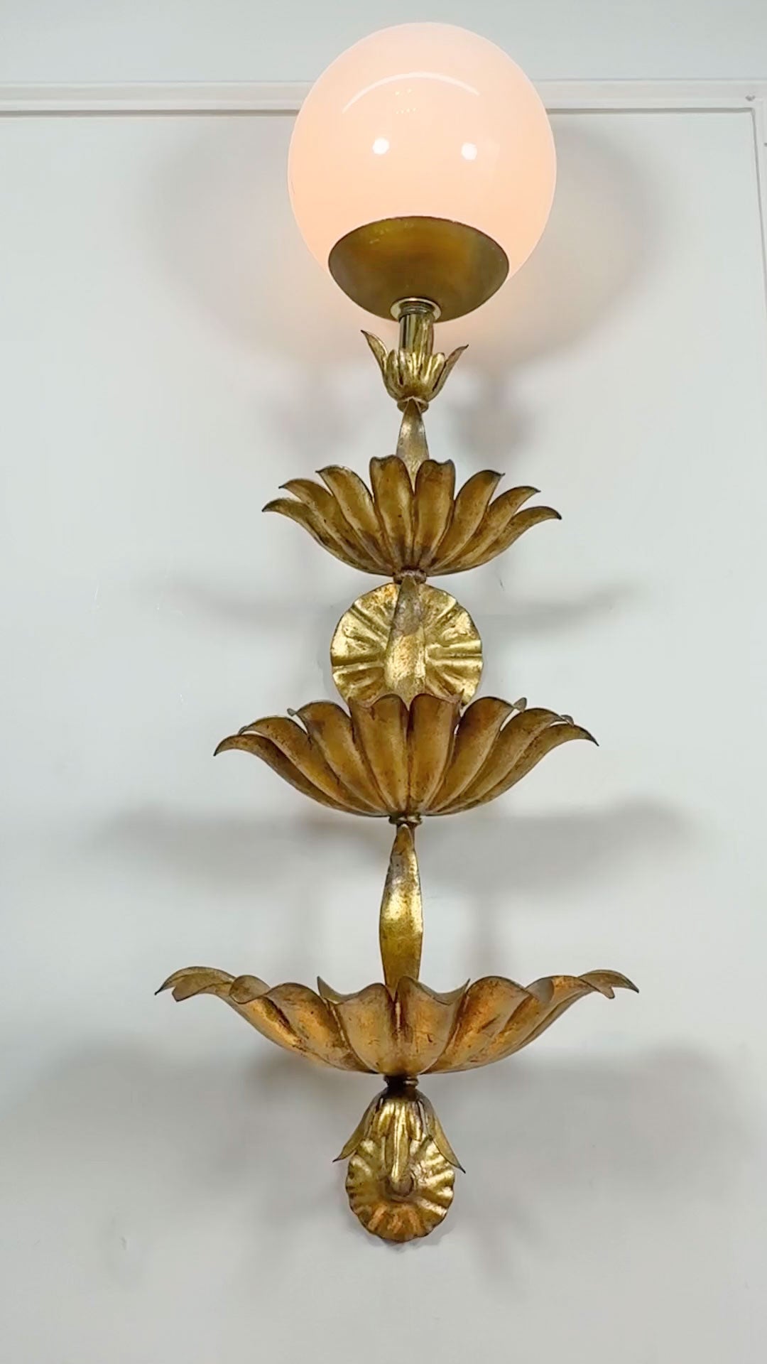 Italian Gilt Metal Tiered Scallop Wall Light with Milk Glass Globe 1950's