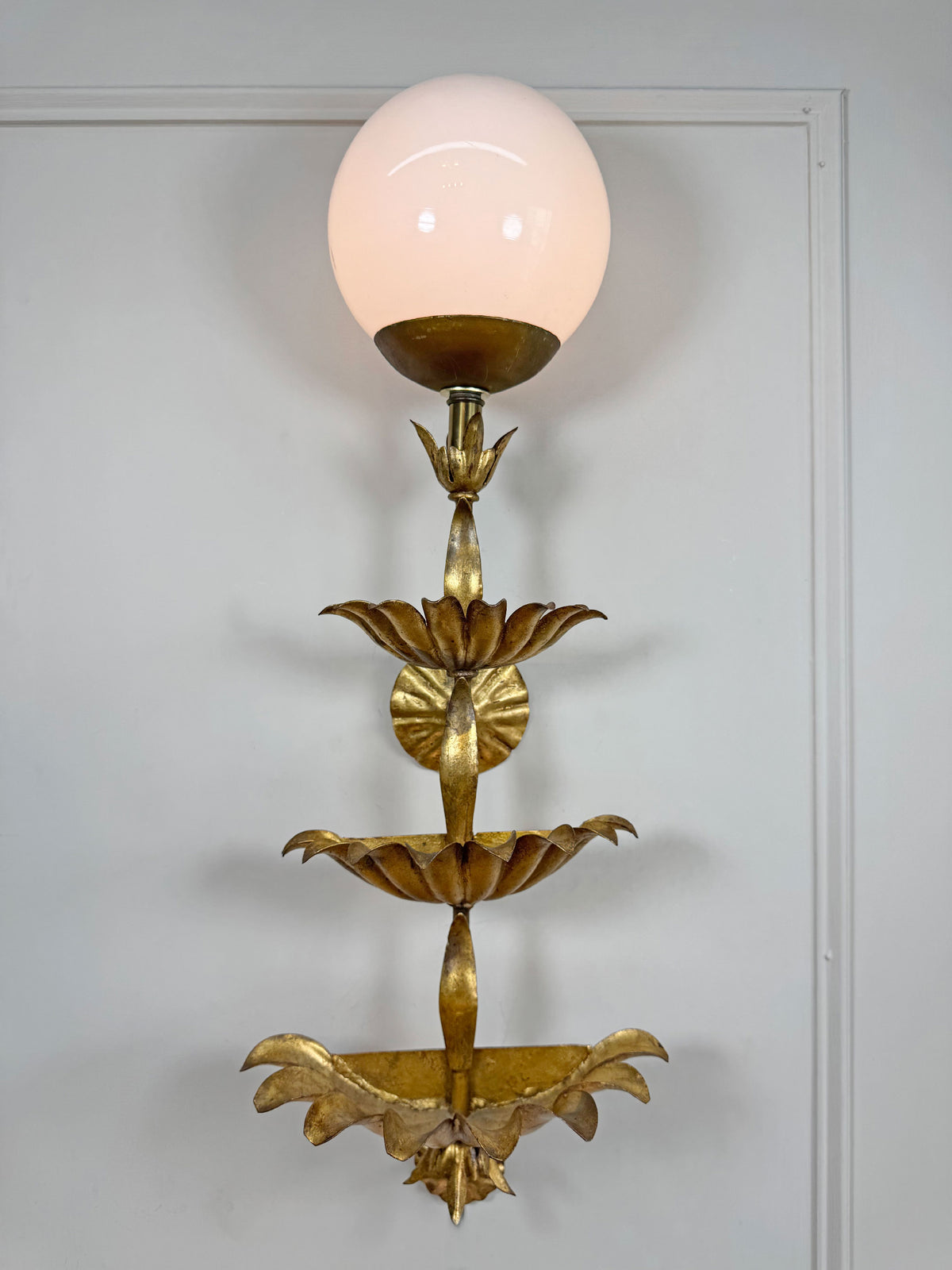 Italian Gilt Metal Tiered Scallop Wall Light with Milk Glass Globe 1950's
