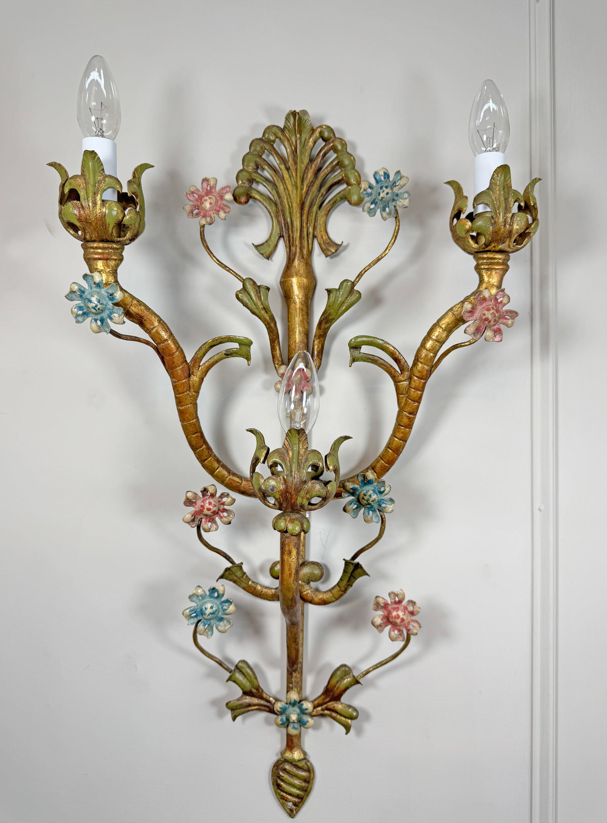 Large Italian Gilt Iron Decorative Floral Wall Light 1950's