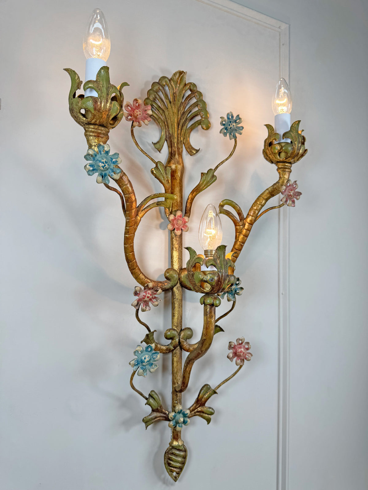 Large Italian Gilt Iron Decorative Floral Wall Light 1950's