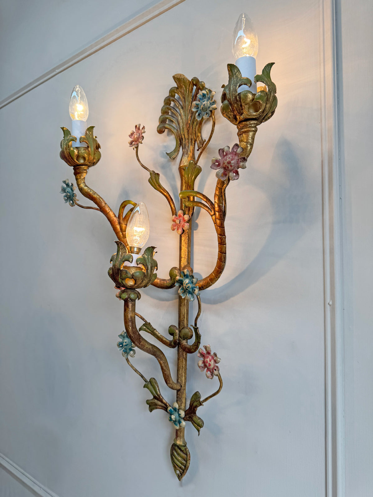 Large Italian Gilt Iron Decorative Floral Wall Light 1950's