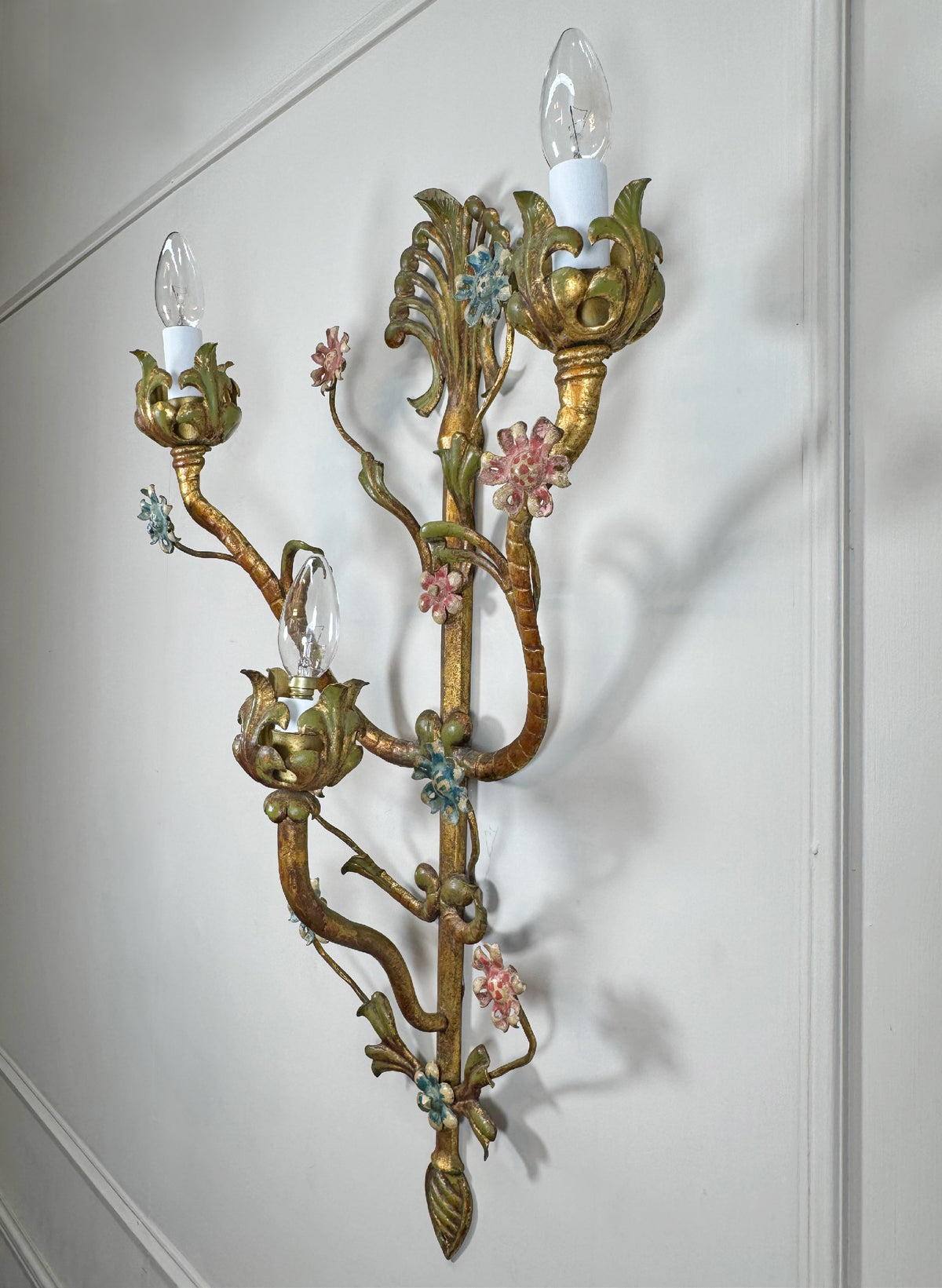 Large Italian Gilt Iron Decorative Floral Wall Light 1950's