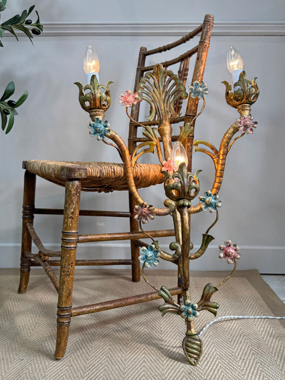 Large Italian Gilt Iron Decorative Floral Wall Light 1950's