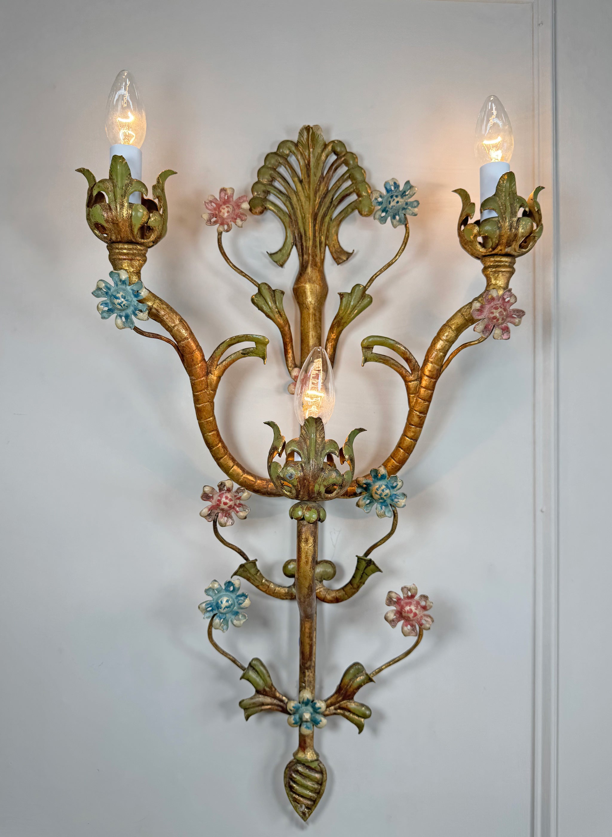 Large Italian Gilt Iron Decorative Floral Wall Light 1950's