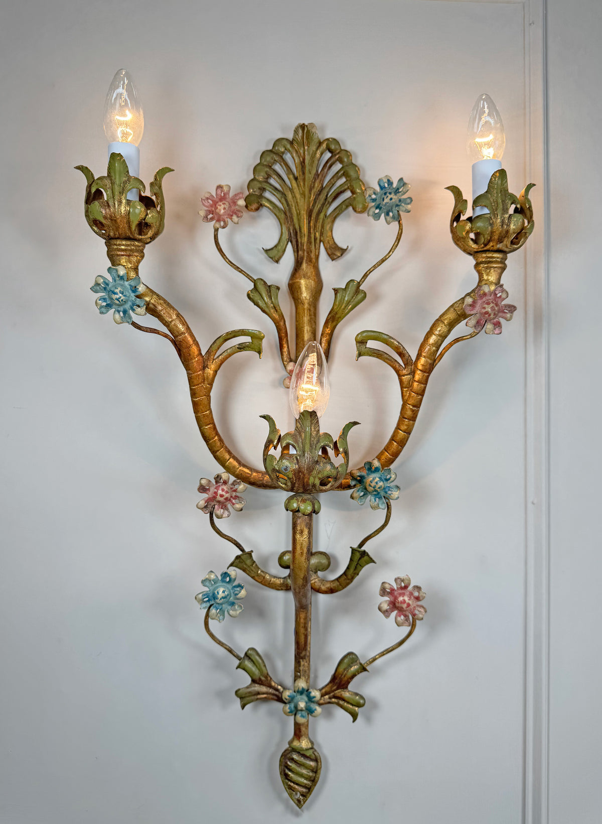Large Italian Gilt Iron Decorative Floral Wall Light 1950's
