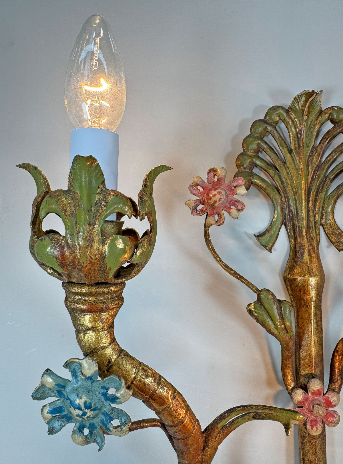 Large Italian Gilt Iron Decorative Floral Wall Light 1950's