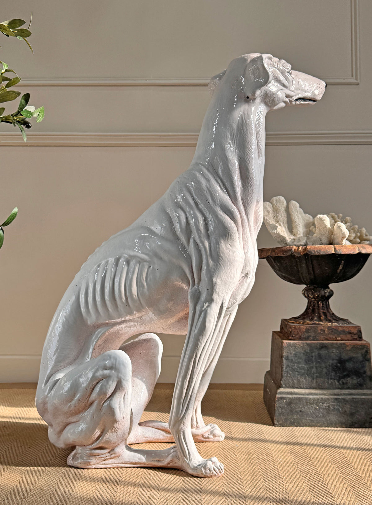 An Impeccable 1950's Italian Life Size Glazed Terracotta Greyhound Statue