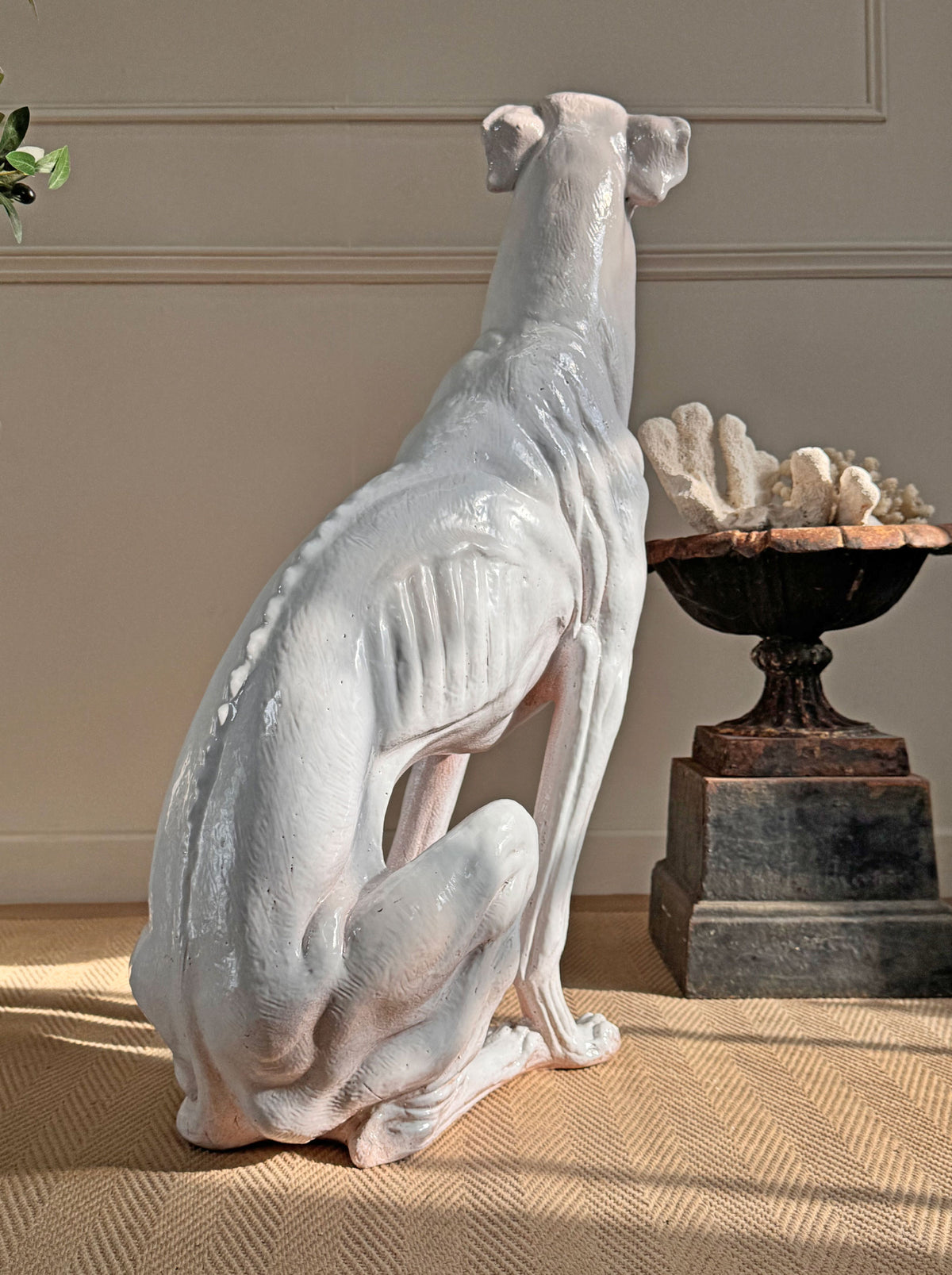 An Impeccable 1950's Italian Life Size Glazed Terracotta Greyhound Statue