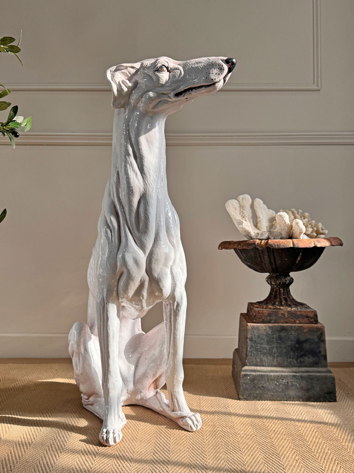 An Impeccable 1950's Italian Life Size Glazed Terracotta Greyhound Statue