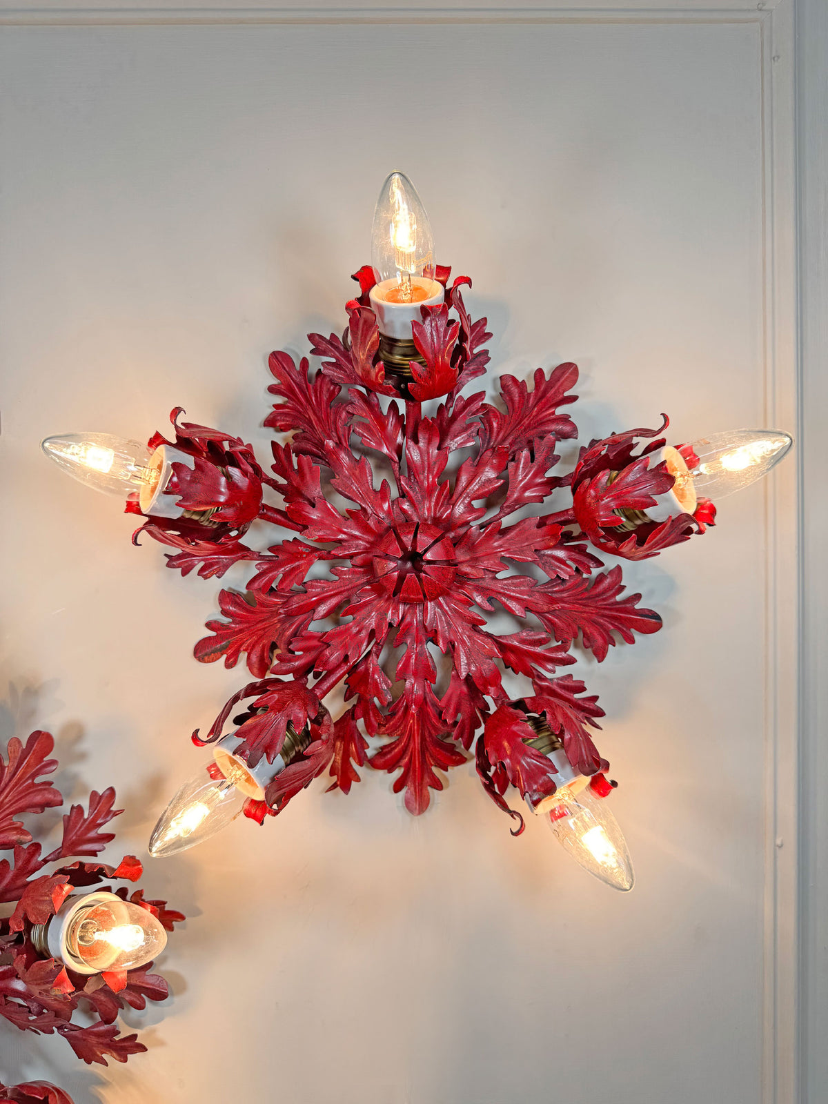 Pair of Rare Banci Firenze Red Acanthus Leaf Flush Ceiling Lights Circa 1950's