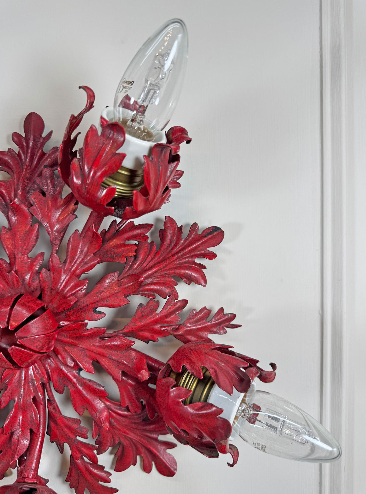Pair of Rare Banci Firenze Red Acanthus Leaf Flush Ceiling Lights Circa 1950's