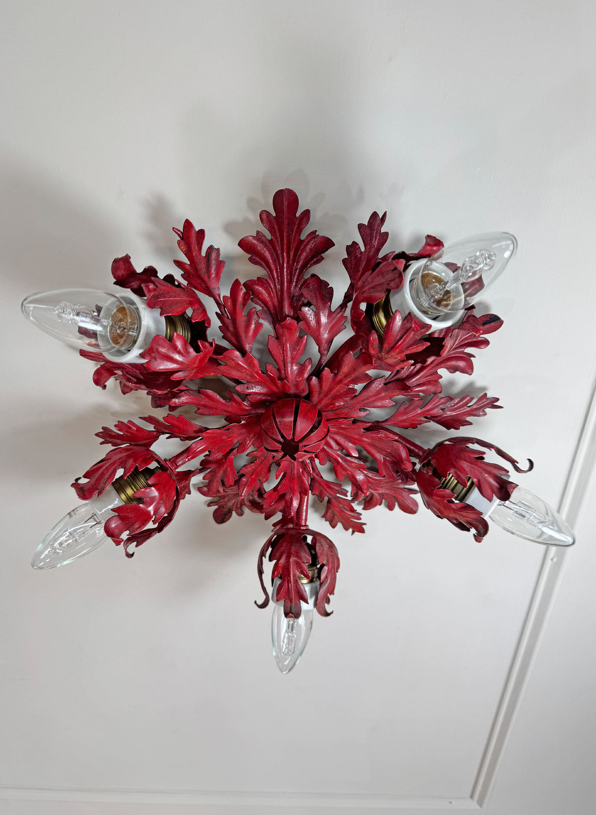Pair of Rare Banci Firenze Red Acanthus Leaf Flush Ceiling Lights Circa 1950's