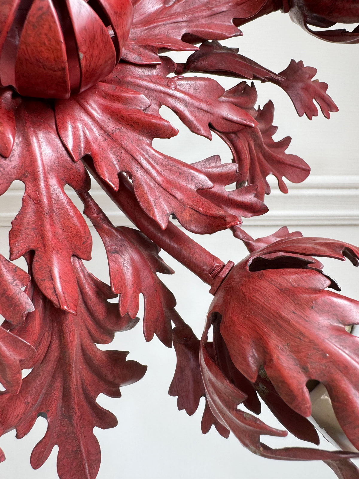 Pair of Rare Banci Firenze Red Acanthus Leaf Flush Ceiling Lights Circa 1950's