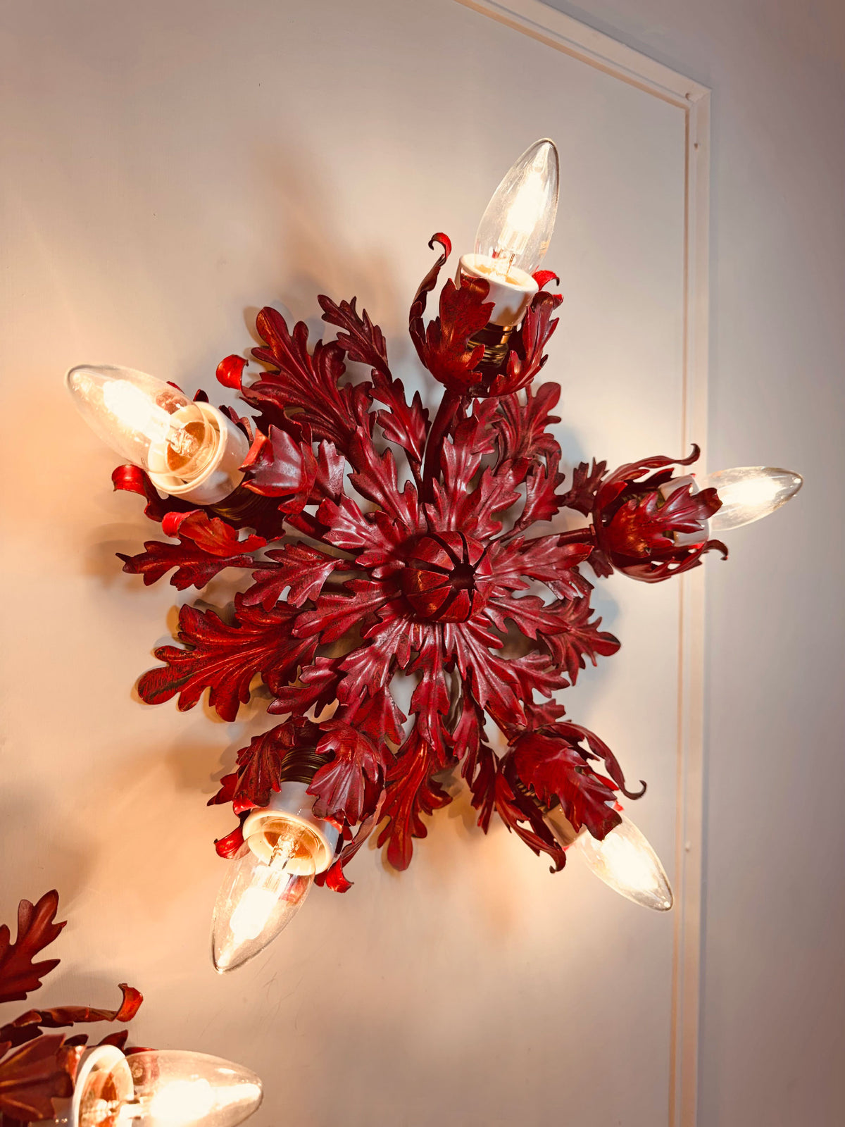 Pair of Rare Banci Firenze Red Acanthus Leaf Flush Ceiling Lights Circa 1950's