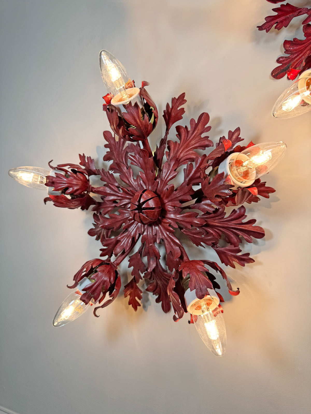 Pair of Rare Banci Firenze Red Acanthus Leaf Flush Ceiling Lights Circa 1950's