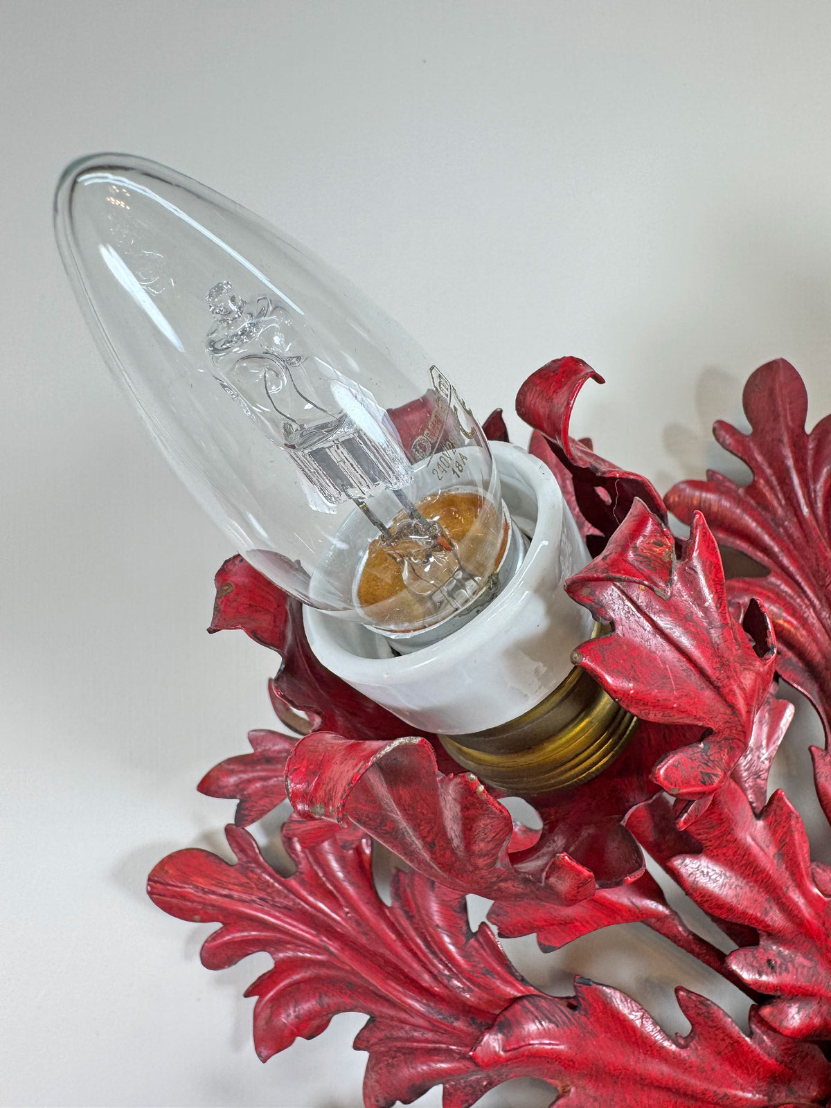 Pair of Rare Banci Firenze Red Acanthus Leaf Flush Ceiling Lights Circa 1950's