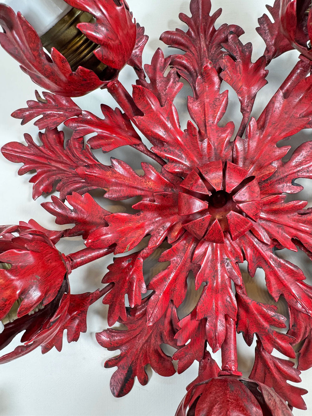 Pair of Rare Banci Firenze Red Acanthus Leaf Flush Ceiling Lights Circa 1950's