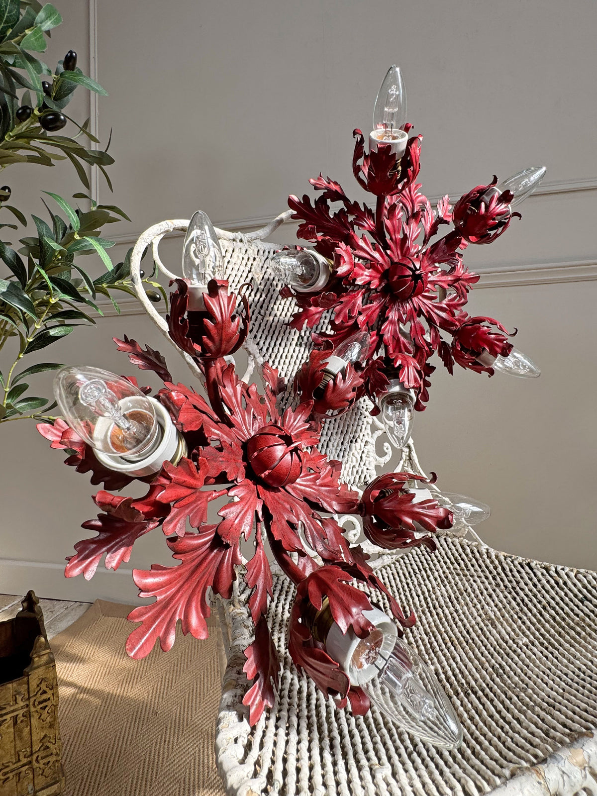 Pair of Rare Banci Firenze Red Acanthus Leaf Flush Ceiling Lights Circa 1950's